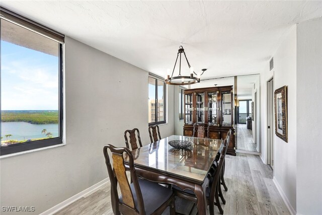 dining room featuring a notable chandelier, a healthy amount of sunlight, a water view, and light hardwood / wood-style flooring