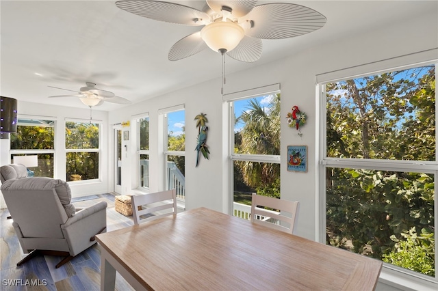 sunroom / solarium featuring ceiling fan