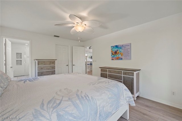 bedroom featuring ceiling fan and light hardwood / wood-style floors