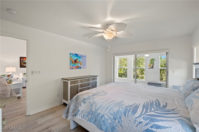 bedroom featuring ceiling fan and light hardwood / wood-style flooring