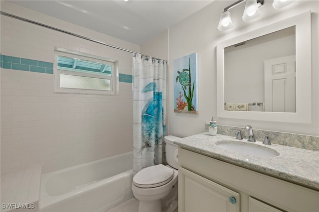 full bathroom with shower / bathtub combination with curtain, vanity, and toilet