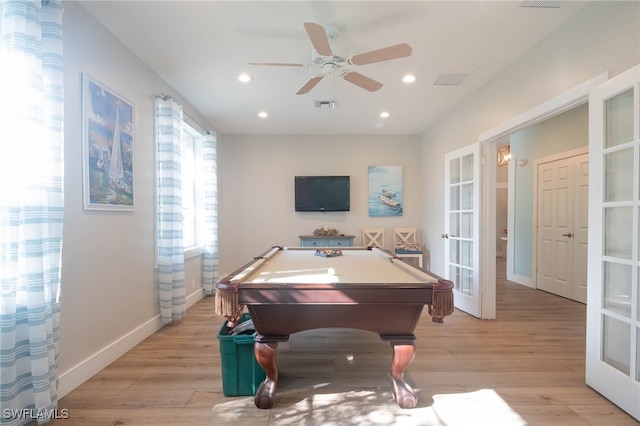 recreation room featuring ceiling fan, french doors, light wood-type flooring, and pool table