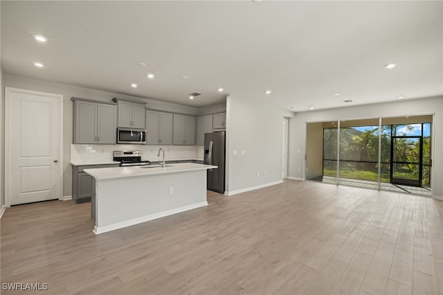 kitchen with sink, decorative backsplash, gray cabinets, an island with sink, and appliances with stainless steel finishes