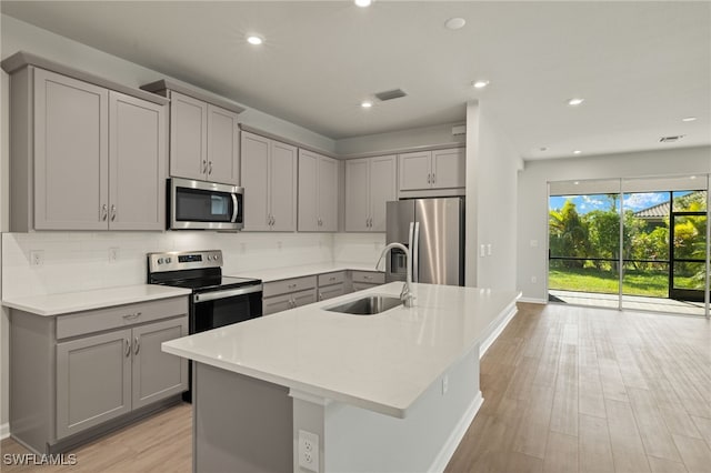 kitchen with a center island with sink, sink, gray cabinets, appliances with stainless steel finishes, and tasteful backsplash