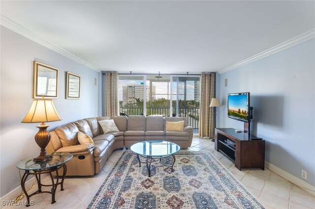 living room featuring crown molding, light tile patterned floors, and a wall of windows