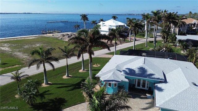 drone / aerial view featuring a water view