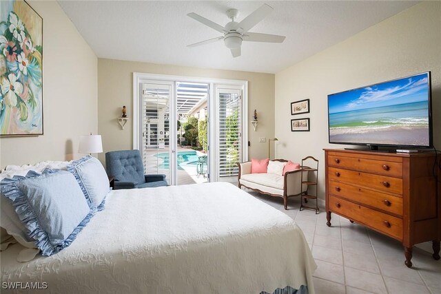 tiled bedroom featuring access to outside and ceiling fan