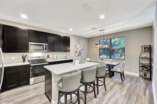 kitchen featuring a center island with sink, sink, light wood-type flooring, appliances with stainless steel finishes, and decorative light fixtures