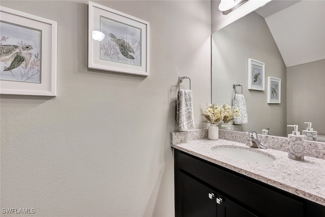 bathroom with vanity and lofted ceiling