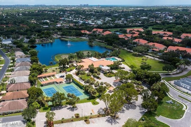 aerial view featuring a water view and a residential view