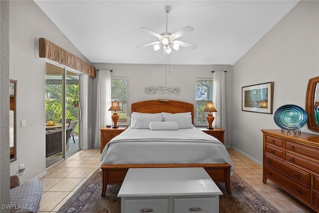 bedroom featuring access to exterior, vaulted ceiling, multiple windows, and ceiling fan