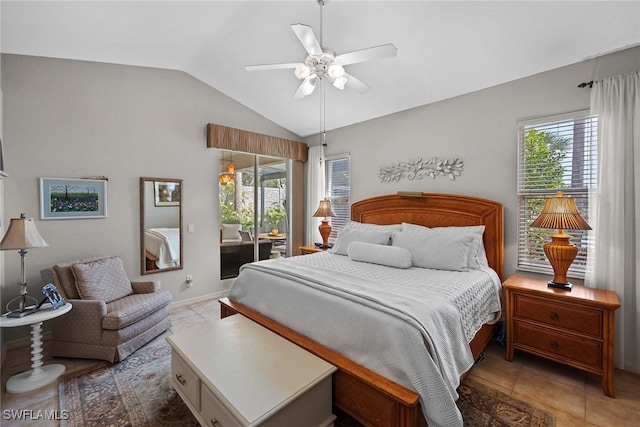 tiled bedroom with ceiling fan, access to exterior, and vaulted ceiling