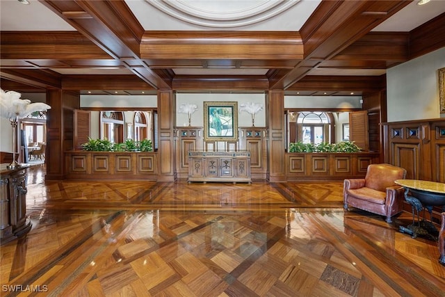 entrance foyer with beam ceiling, parquet floors, and coffered ceiling