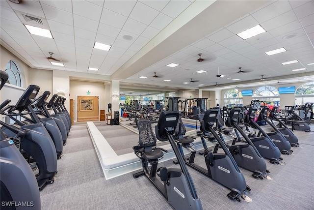 exercise room featuring light colored carpet and a drop ceiling