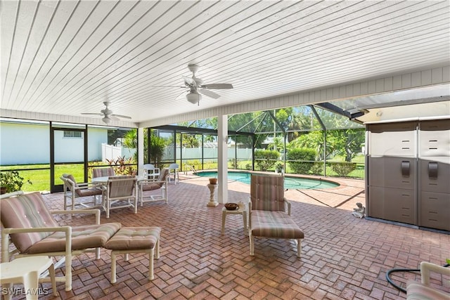 exterior space featuring a fenced in pool and a patio area