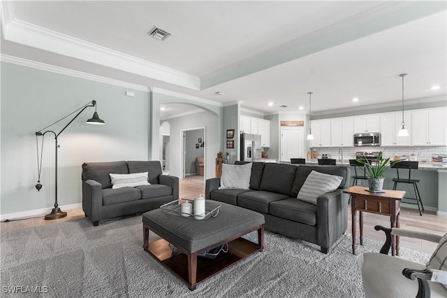 living room with a raised ceiling and ornamental molding