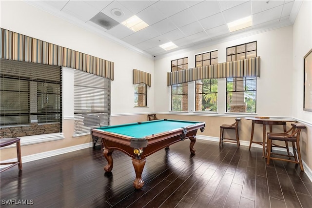 recreation room with dark hardwood / wood-style flooring, crown molding, and billiards