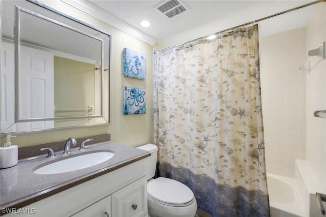 full bath featuring vanity, visible vents, shower / bath combo with shower curtain, crown molding, and toilet