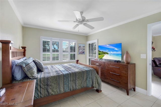 bedroom with light tile patterned flooring, baseboards, ceiling fan, and ornamental molding