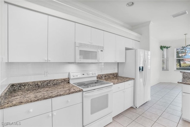 kitchen featuring white cabinetry, white appliances, crown molding, and backsplash