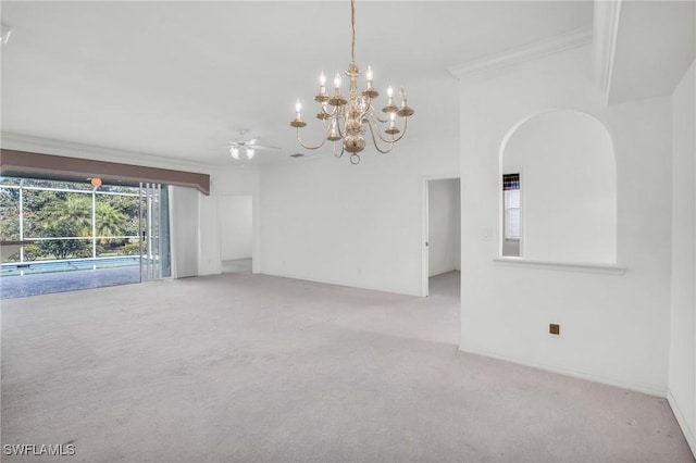 empty room with crown molding, ceiling fan with notable chandelier, and light colored carpet