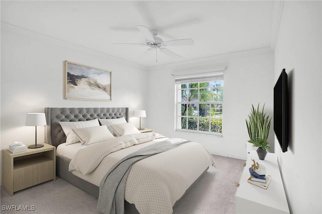 bedroom featuring ornamental molding and ceiling fan