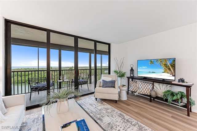 living room with light wood-type flooring, floor to ceiling windows, plenty of natural light, and a water view