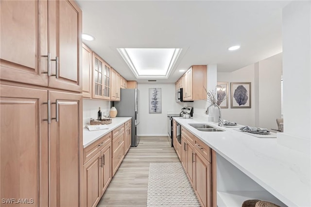 kitchen featuring sink, light hardwood / wood-style flooring, stainless steel appliances, and light brown cabinets