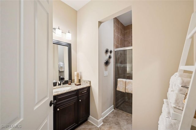 bathroom with tile patterned flooring, vanity, and a shower with door