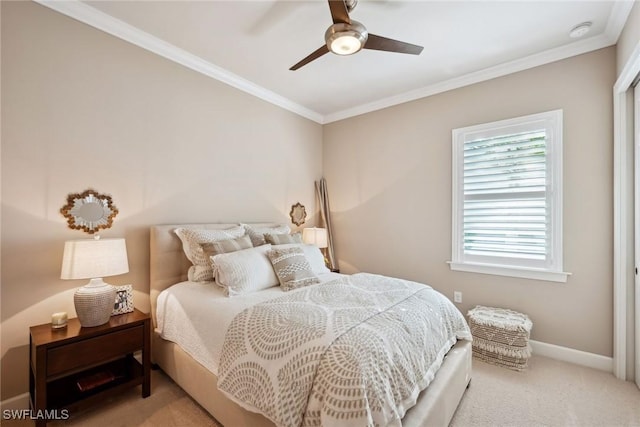 carpeted bedroom featuring ceiling fan and crown molding