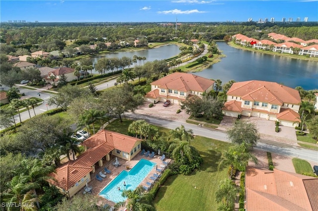 aerial view featuring a water view