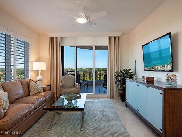 living room with ceiling fan