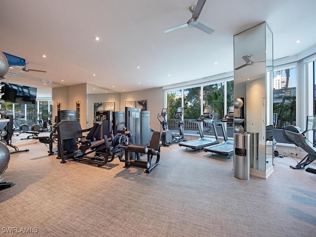 exercise room featuring light carpet, plenty of natural light, ceiling fan, and a wall of windows