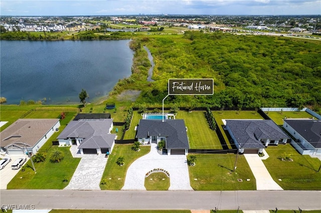 drone / aerial view with a water view