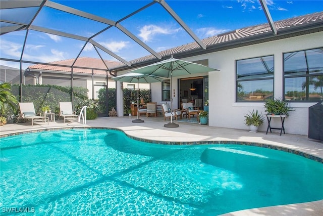 view of swimming pool with a lanai and a patio