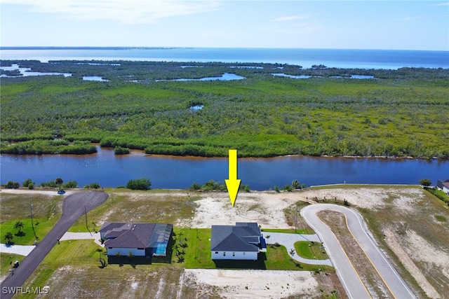 birds eye view of property featuring a water view