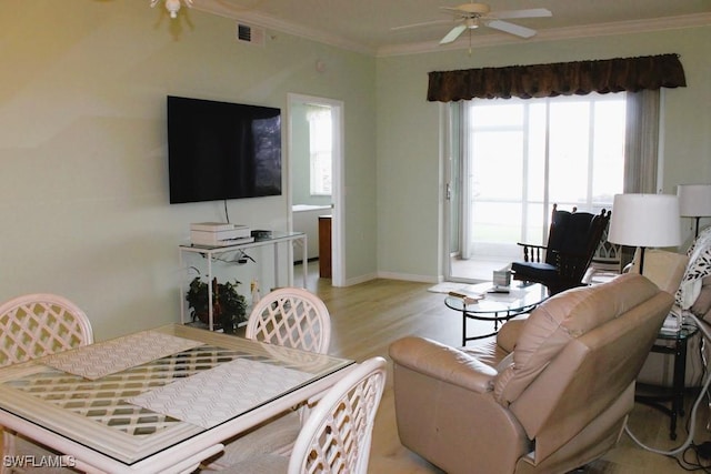 living room with ceiling fan, ornamental molding, a healthy amount of sunlight, and light wood-type flooring