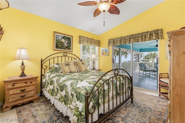 bedroom with access to exterior, vaulted ceiling, multiple windows, and ceiling fan