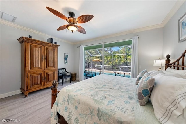 bedroom featuring access to exterior, ceiling fan, crown molding, and light hardwood / wood-style floors