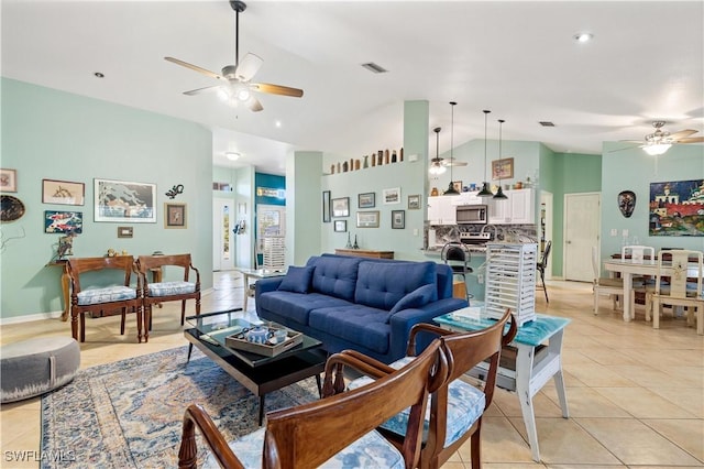 tiled living room with vaulted ceiling