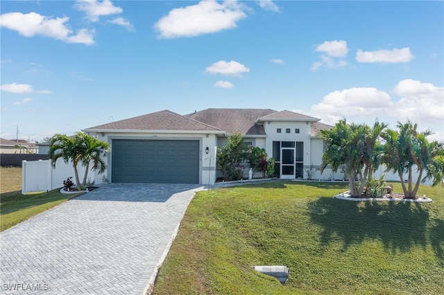 view of front of house featuring a garage and a front lawn