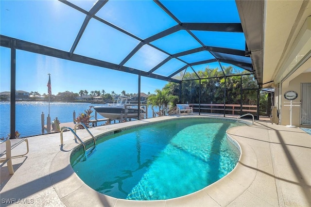 view of pool featuring a lanai, a water view, a patio, and a boat dock