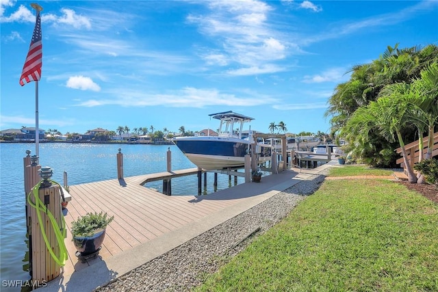 dock area featuring a water view and a lawn