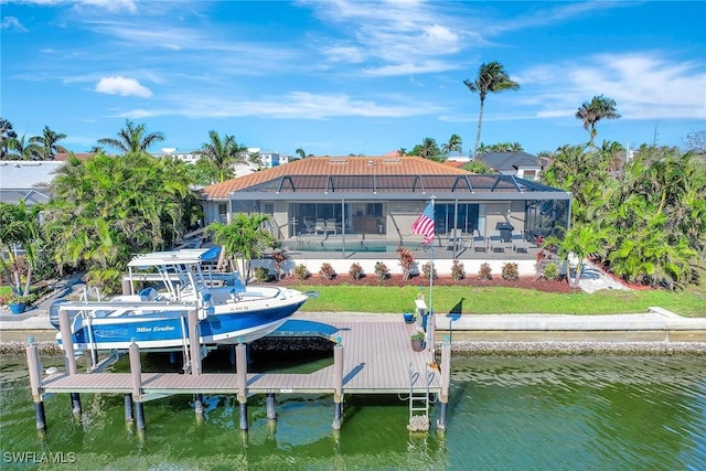 rear view of house featuring a lanai, a swimming pool, and a water view