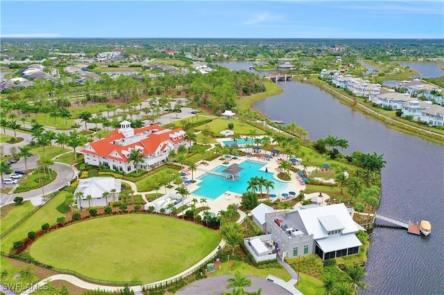 drone / aerial view featuring a water view