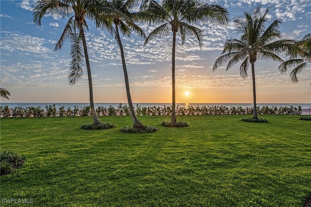 yard at dusk featuring a water view