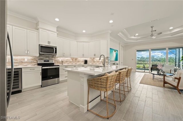 kitchen with white cabinets, ceiling fan, sink, and appliances with stainless steel finishes