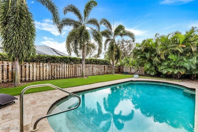 view of pool with a yard and a patio