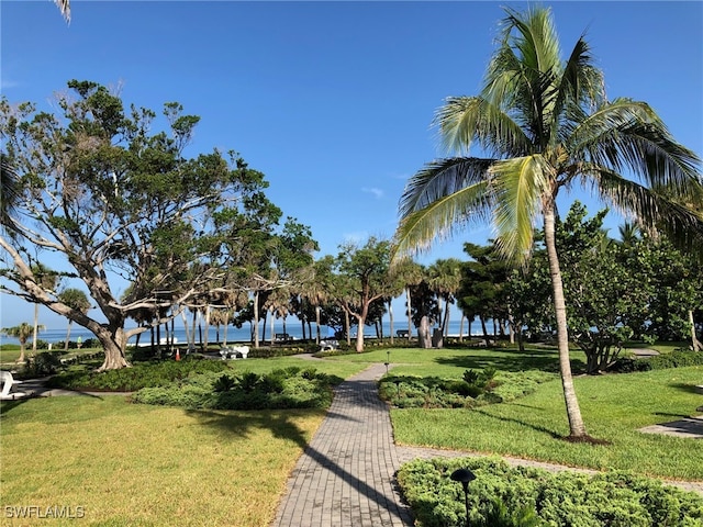 view of home's community with a yard and a water view