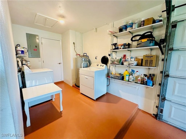 clothes washing area with electric panel, washer / clothes dryer, and water heater